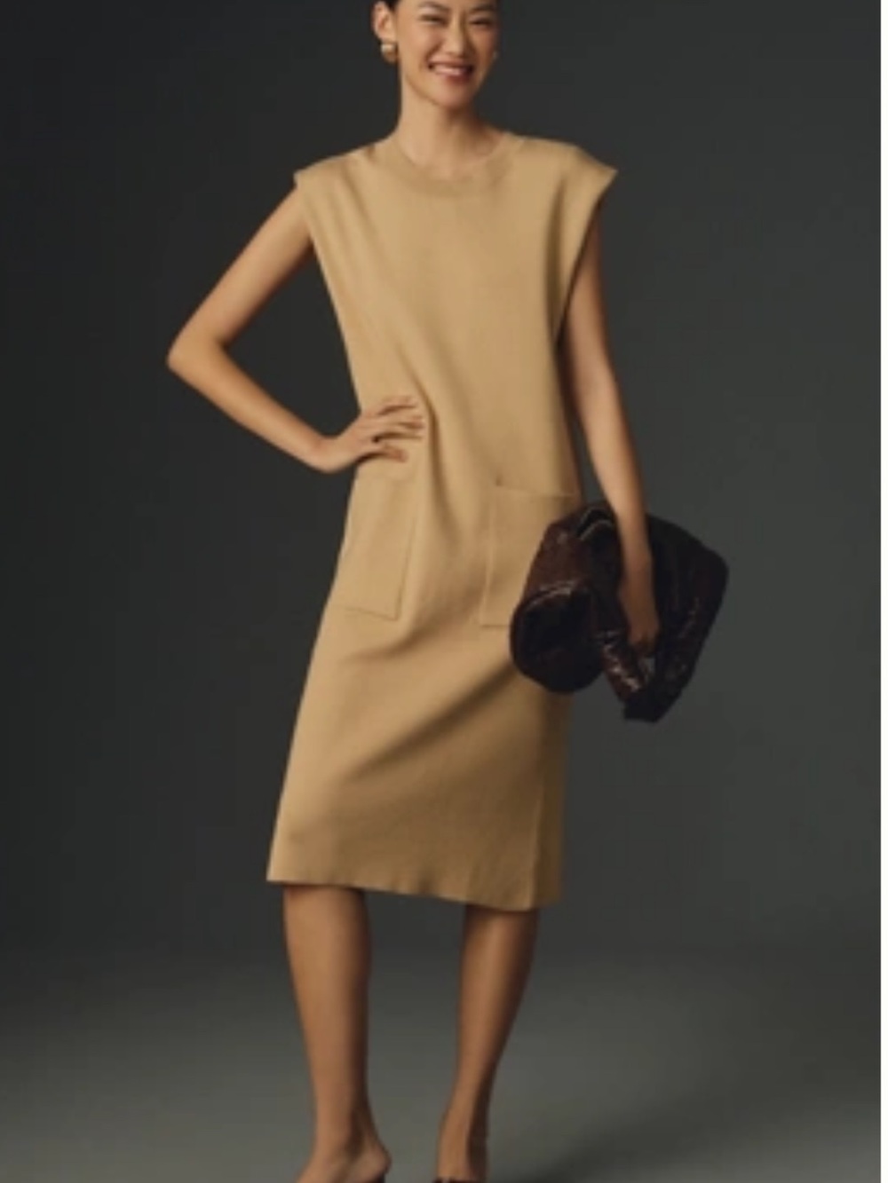 Maeve Sleeveless Pocket Knit Midi Dress in Camel